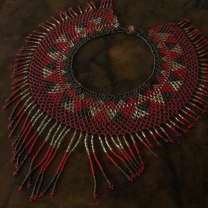 Hand Made, red, black, and gold beaded necklace